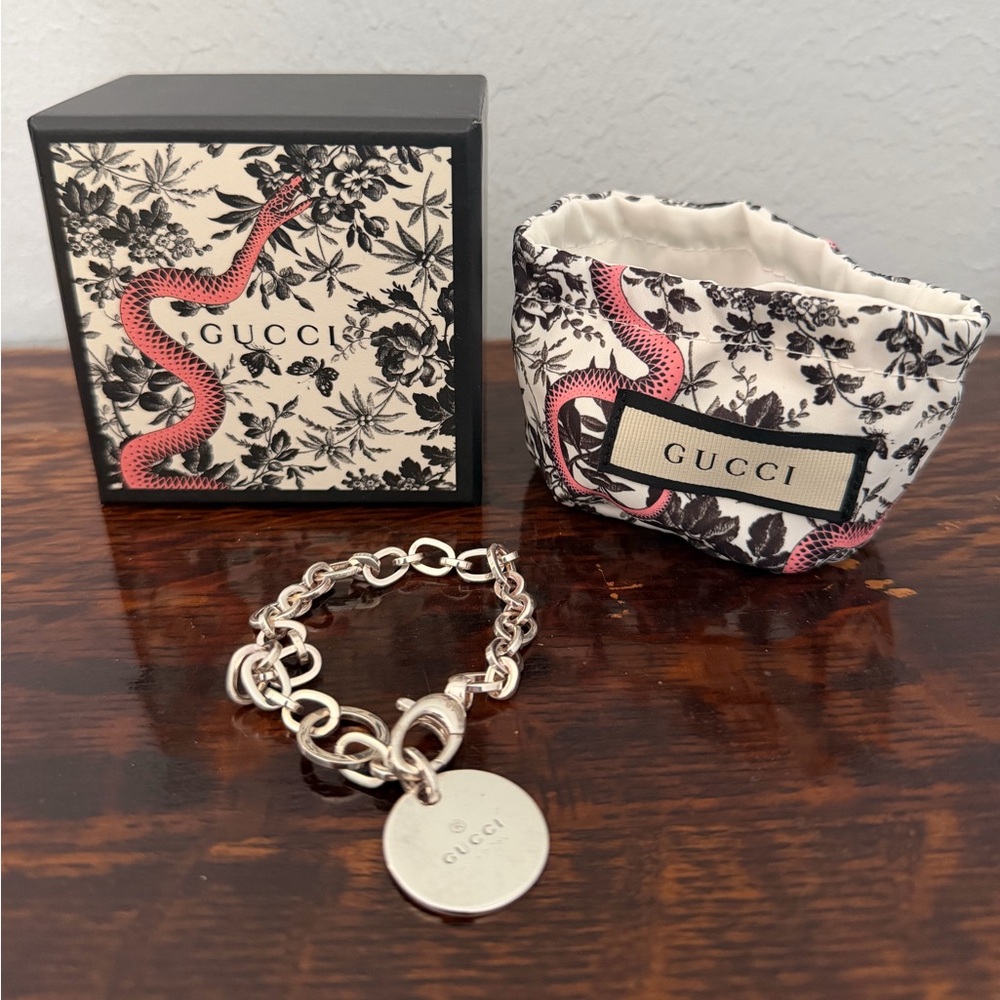 Gucci Silver Link Bracelet with Snake Print Box and Pouch